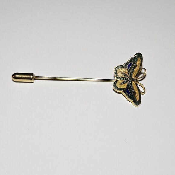 Gold Tone Yellow Green Cloisonne Butterfly Stick Lapel Hat Pin - Picture 10 of 11